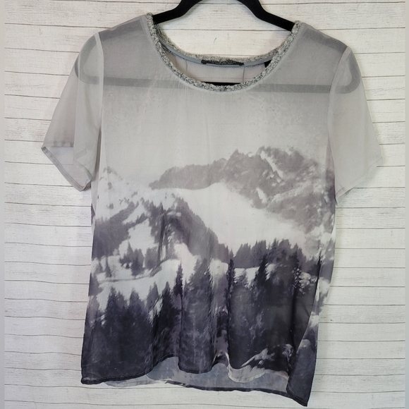 MAISON SCOTCH SHEER SHORT SLEEVE MOUNTAIN SCENE BLOUSE, SZ 6 - Picture 11 of 14